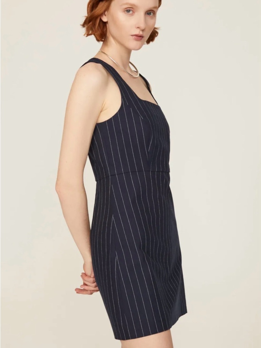 Favorite Daughter “The Breakup” Navy Pinstripe Dress